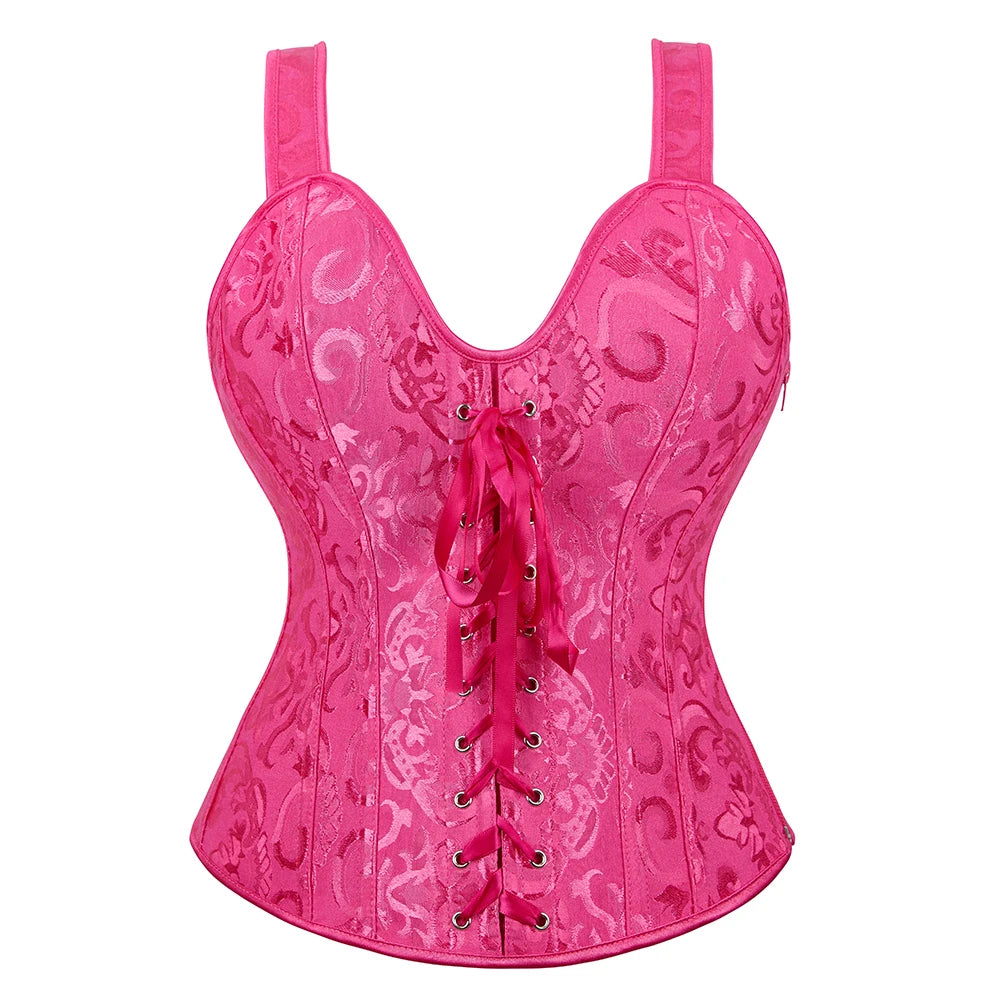 Steampunk Straps Overbust Corset With Cup Zipper Sexy Jacquard Floral Corset Waist Cincher Bustier Lingerie Top Plus Size