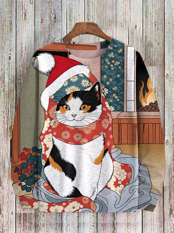 Men's Winter Skiing Animal Kitten Printed Casual Sweatshirt Fashion Round Neck Pullover Sweatshirt Polyester Fabric 2025 New