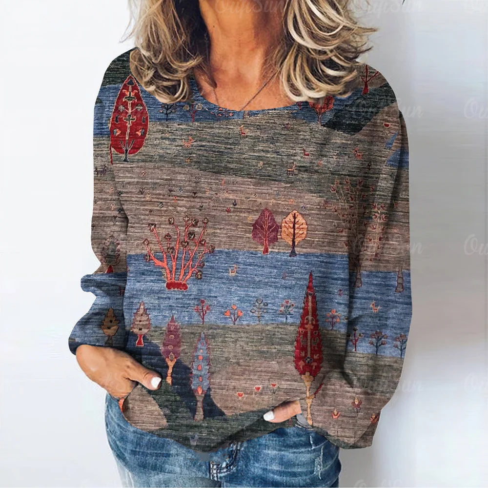 Women's Natural Scenery Printed Long Sleeve T-Shirt Casual Ladies Tops Daily Loose Clothes Retro Casual Fashion Ladies T-Shirt