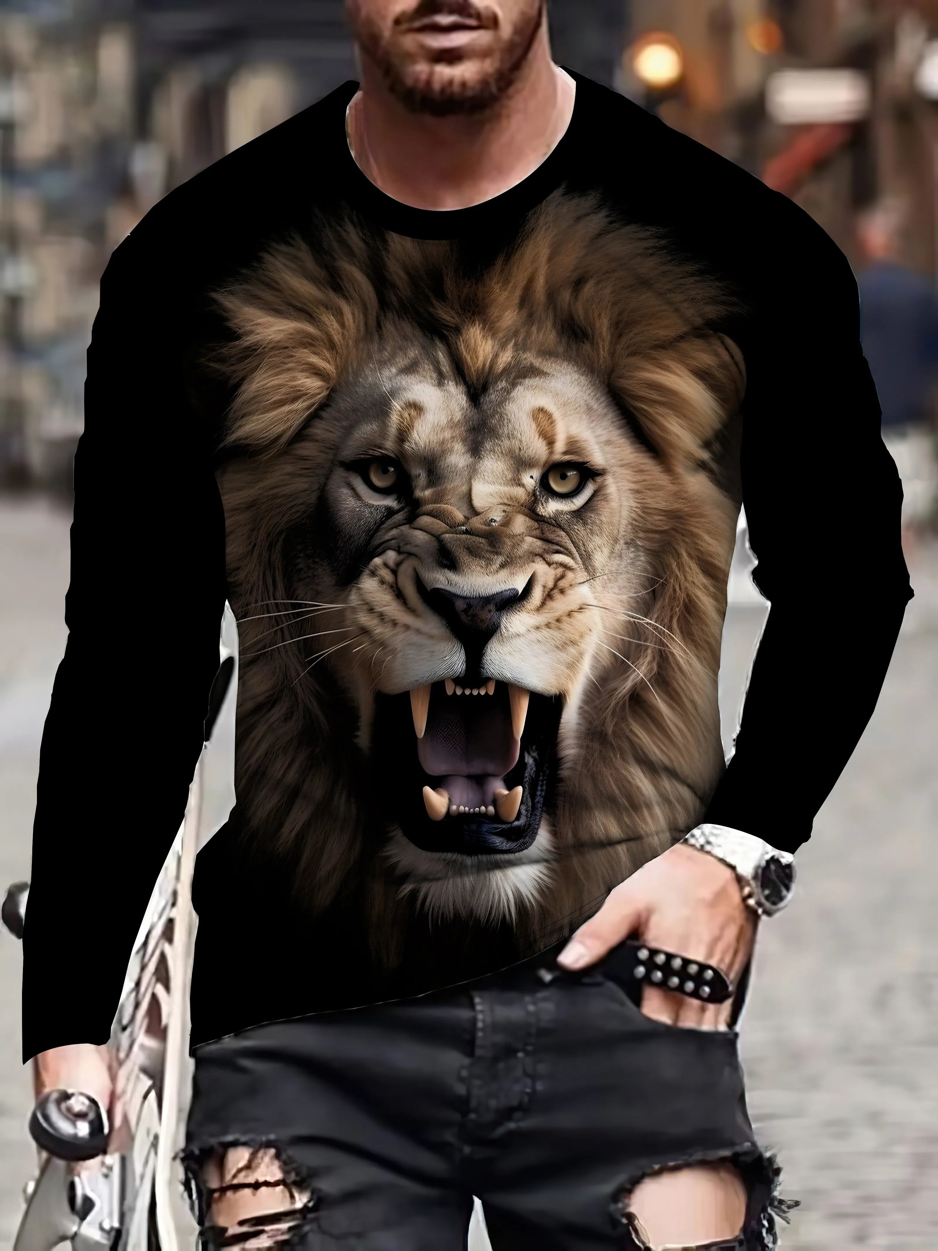 Black and white tiger print men's T-shirt fashion long-sleeved T-shirt casual round neck street top loose pullover autumn