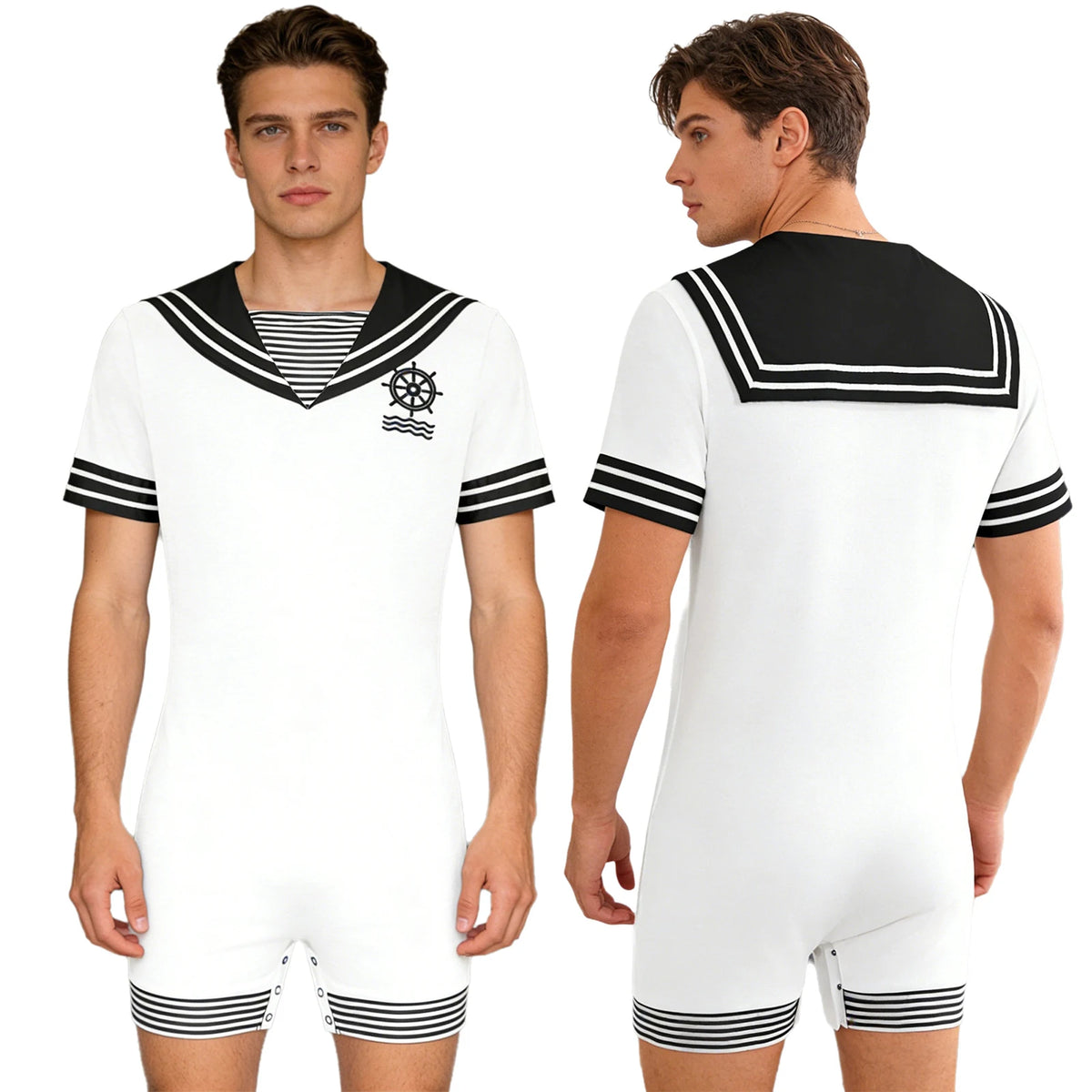 Men Sailor Style Pajamas Bodysuit Navy Collar Short Sleeve Button Crotch Romper Homewear Sleepwear Theme Party Cosplay Costume