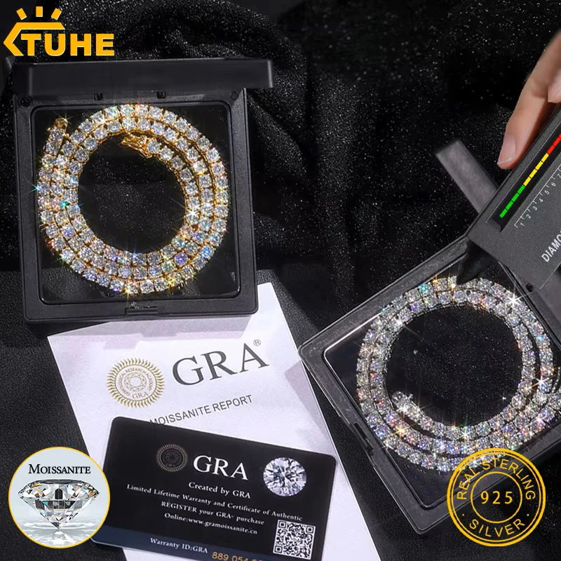 TUHE Unisex Tennis Necklaces Silver 925 Moissanite For Women Man 2MM-3MM Tennis Chain For Women Men Hip Hop Jewelry Party Gift