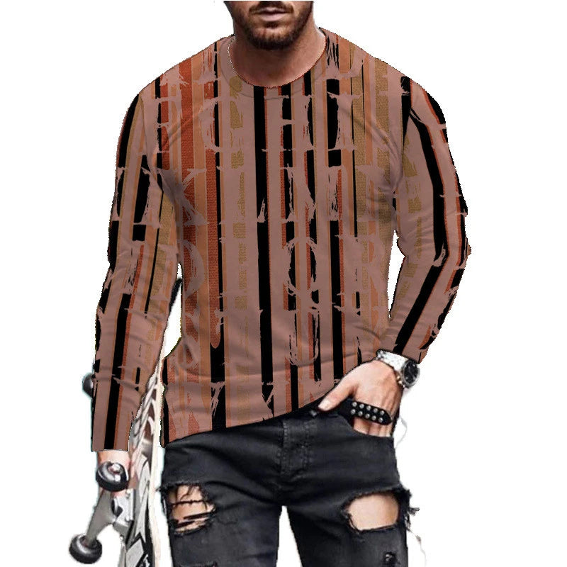 Long Sleeve Striped Men's Fashion T-Shirts Loose Casual Oversize Breathable Tops 3D Printed Letters Street Hip Hop Male Top Tee