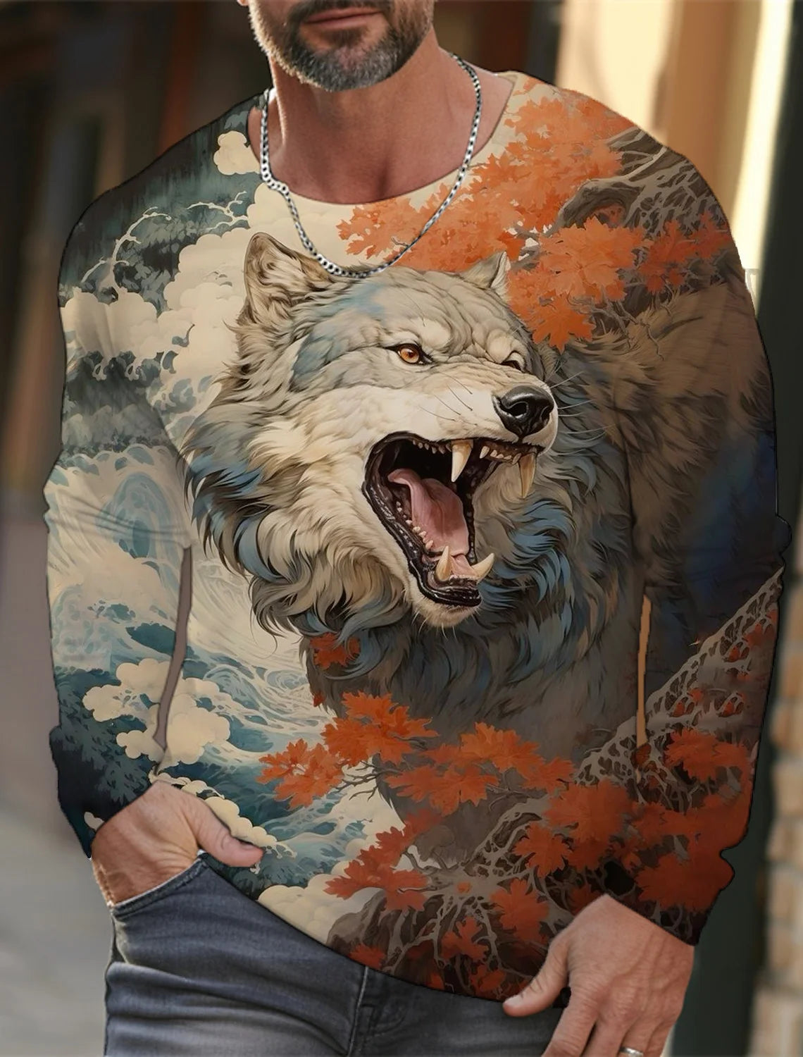 2024 new men's Ukiyoe long-sleeved T-shirt 3d printed high-definition wolf print men's autumn top casual round neck T-shirt