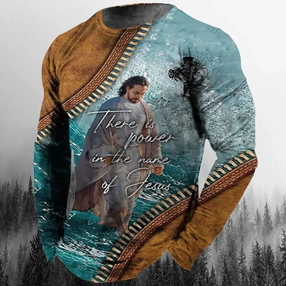 Fashion Casual Men's Long Sleeve T-Shirt 3d Printed Retro Jesus Christ Street Personality Loose O Collar Harajuku Oversized Top
