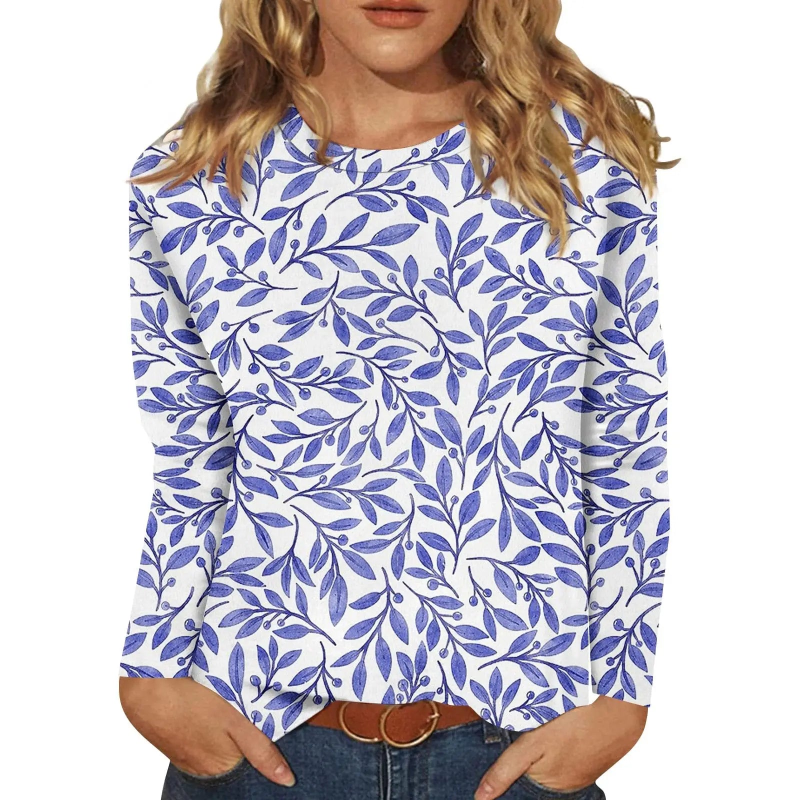 2025 New Women's Flower Fashion Print Long Sleeve T-shirt Sports Leisure Cute Polyester Ultra-thin Round Neck Long Sleeve