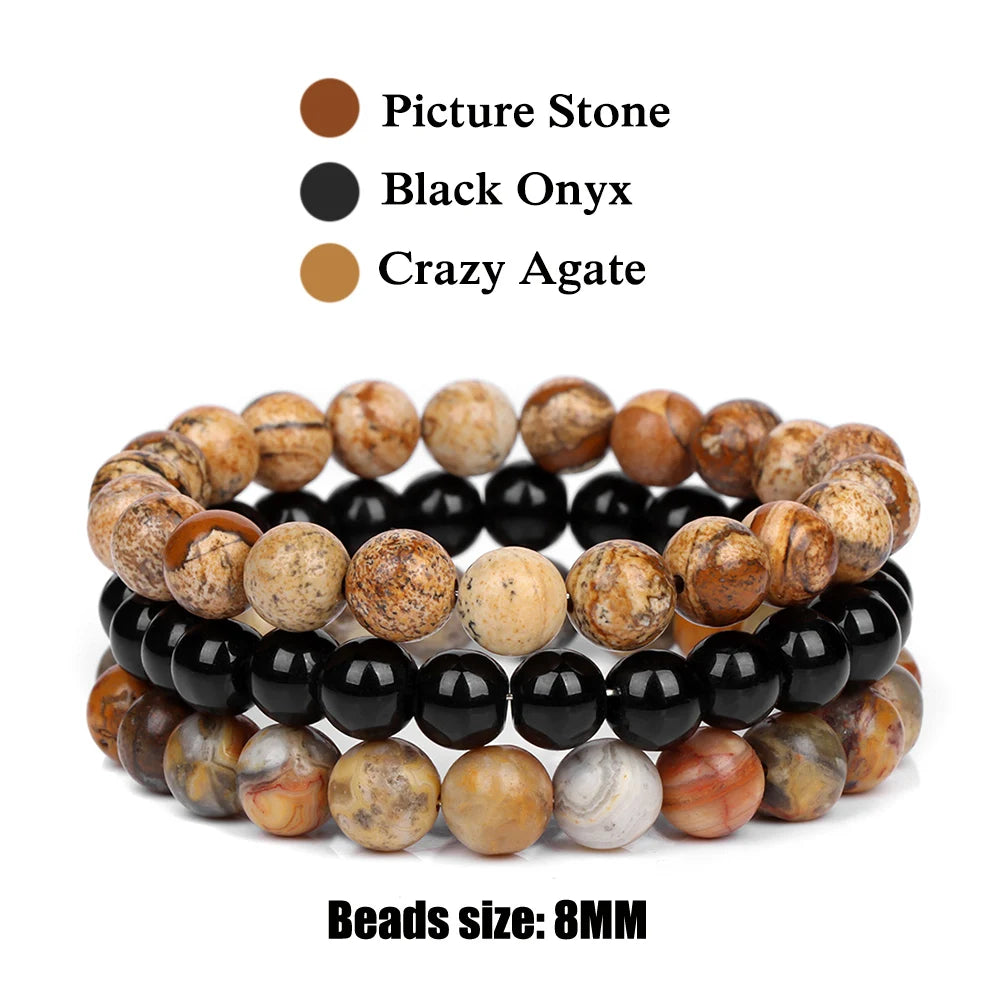 3Pcs/set 8mm Natural Stone Beads Bracelet Set Pink Zebra Rhodonite Moonstone Agates Hematite Bracelets For Women Men Jewelry