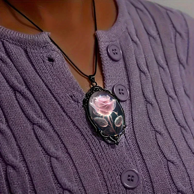 Charm Pink Flower Pendant Necklace Rose Pattern Glass Ellipse - A niche style suitable for Romantic Gifts and Special Occasions