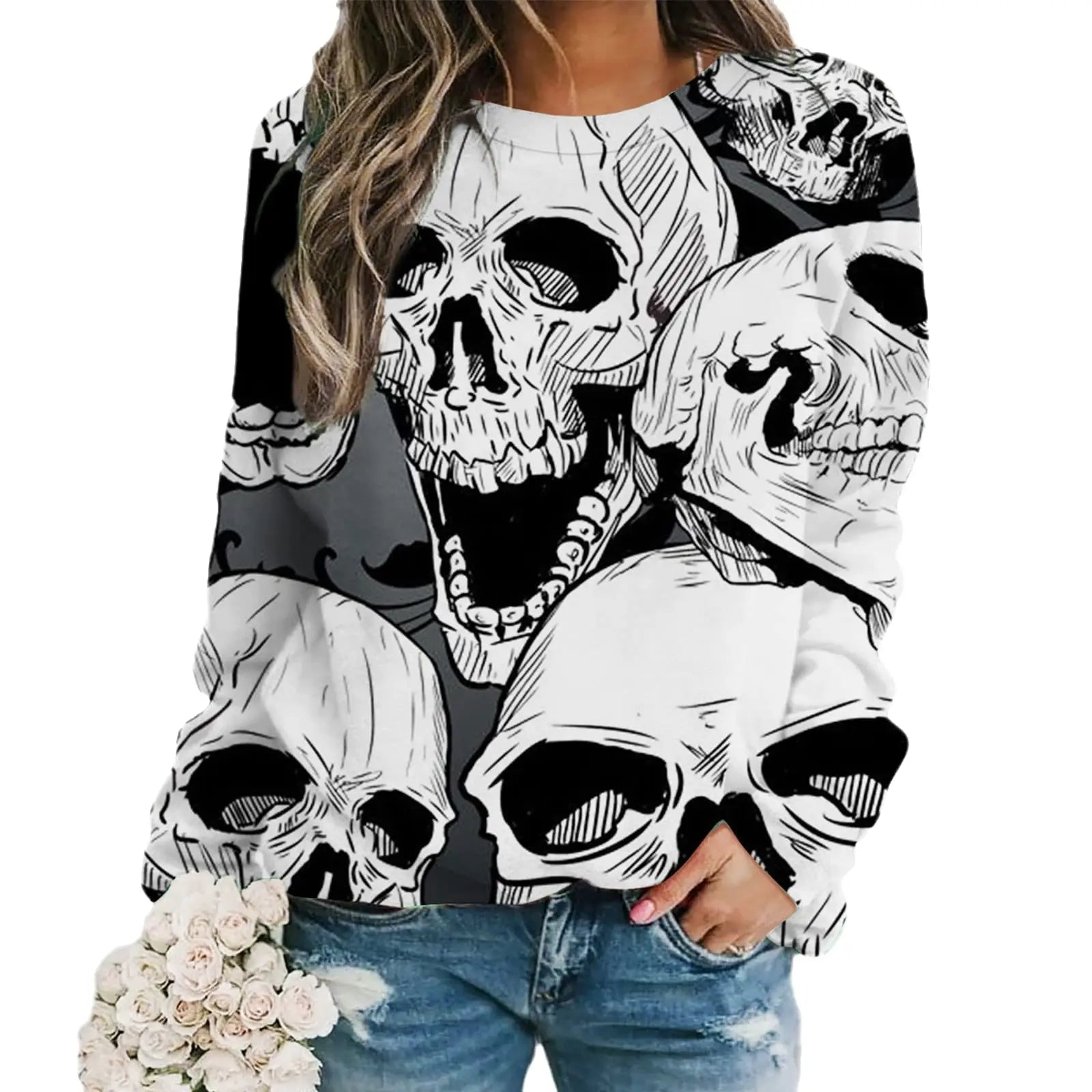2024 New Women Halloween Crow Printed Casual Sweatshirt Round Neck Casual Basic Loose Fashion Women Designer Style