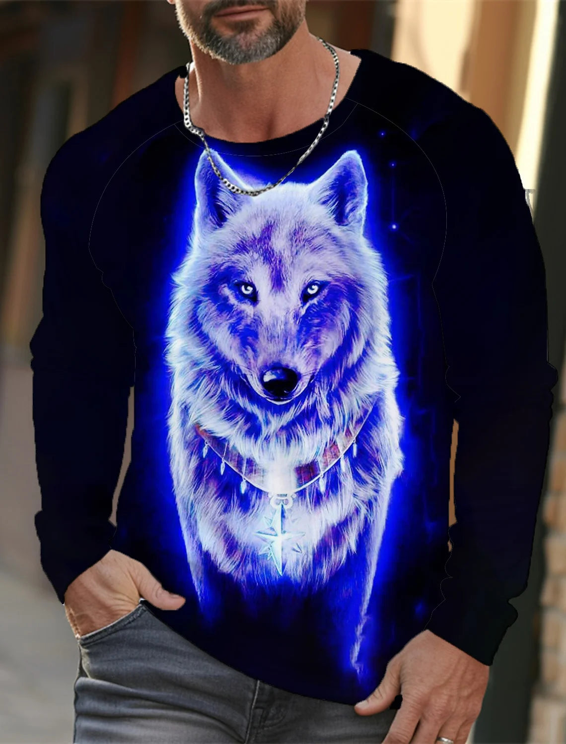 2024 Men's Summer Long Sleeve 3d Printed Wolf Print T-Shirt Tops Men Streetwear Clothing Round Neck Graphic Long Sleeve T-Shirt