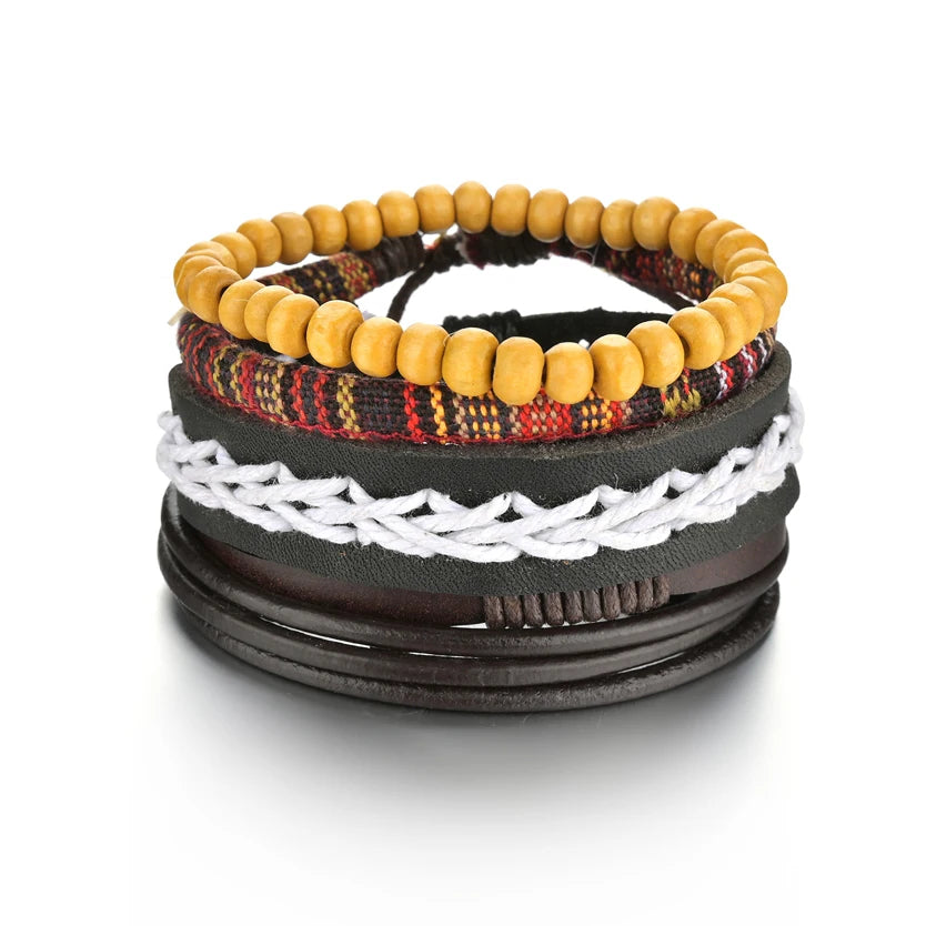 MeMolissa 3/4Pcs/ Set Braided Wrap Leather Bracelet for Men Vintage Life Tree Guitar Wood Beads Fashion Male Bracelets Wristband