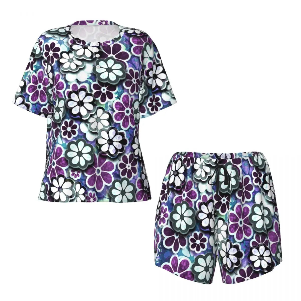 Flower Power Pajamas Spring 2 Pieces Purple Hippie Cute Pajama Sets Lady Short Sleeve O Neck Casual Custom Nightwear