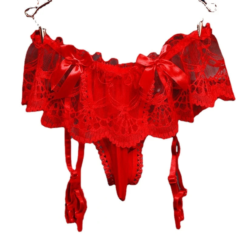 Mens Sexy Panties Lingerie Sissy Underwear Lace Skirted Thong with Garter Belt Briefs Bulge Pouch T Back for Gay Mens G Strings