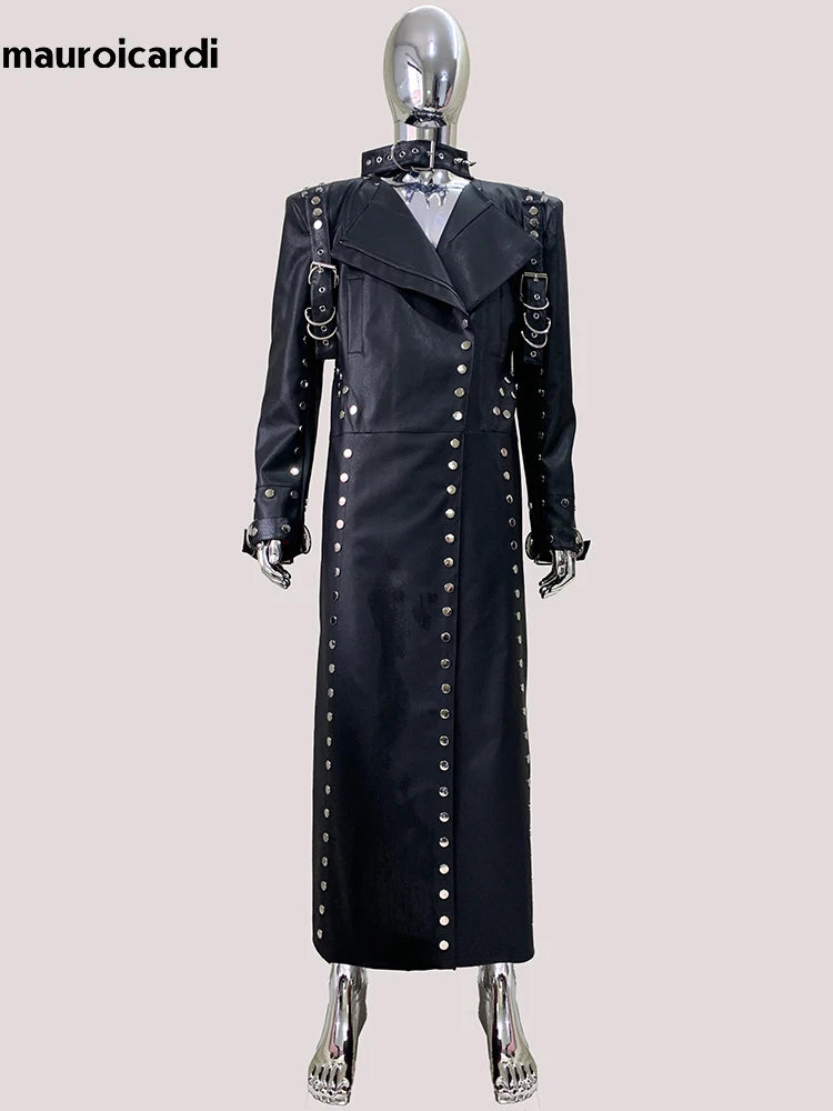 Men’s Luxury Black PU Leather Trench Coat – Rivet Punk Designer Jacket | Longline Streetwear Overcoat (Spring/Fall)