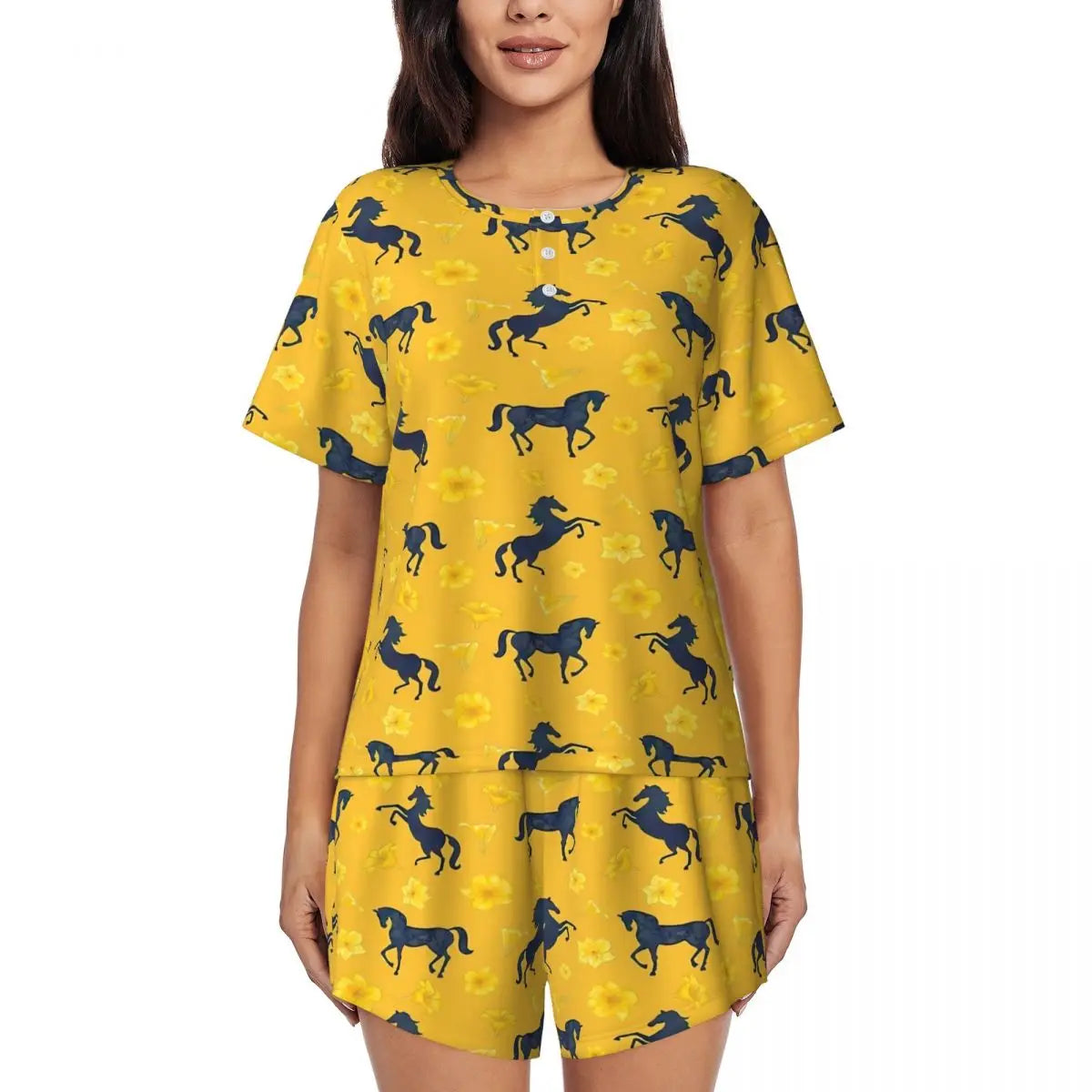 Horse Race Pajamas Summer 2 Pieces 1930s Classic Art Cute Pajama Sets Womens Short-Sleeve O Neck Night Pattern Sleepwear