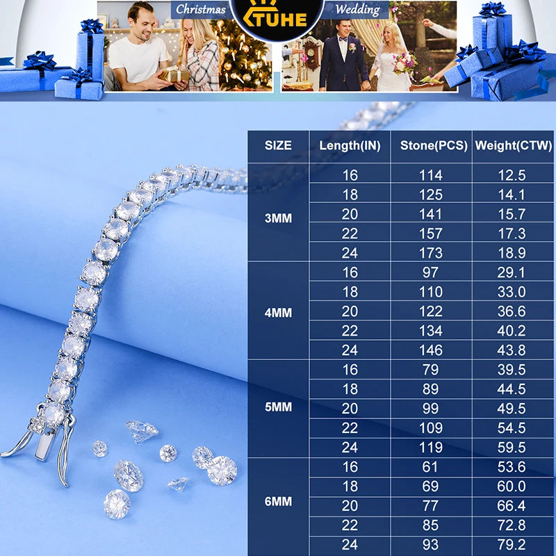 TUHE Unisex Tennis Necklaces Silver 925 Moissanite For Women Man 2MM-3MM Tennis Chain For Women Men Hip Hop Jewelry Party Gift