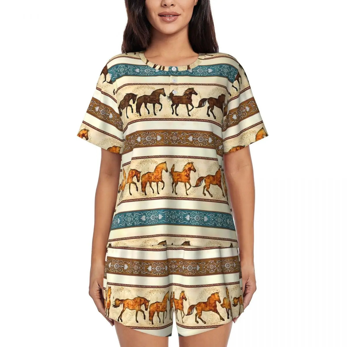 Horse Race Pajamas Summer 2 Pieces 1930s Classic Art Cute Pajama Sets Womens Short-Sleeve O Neck Night Pattern Sleepwear