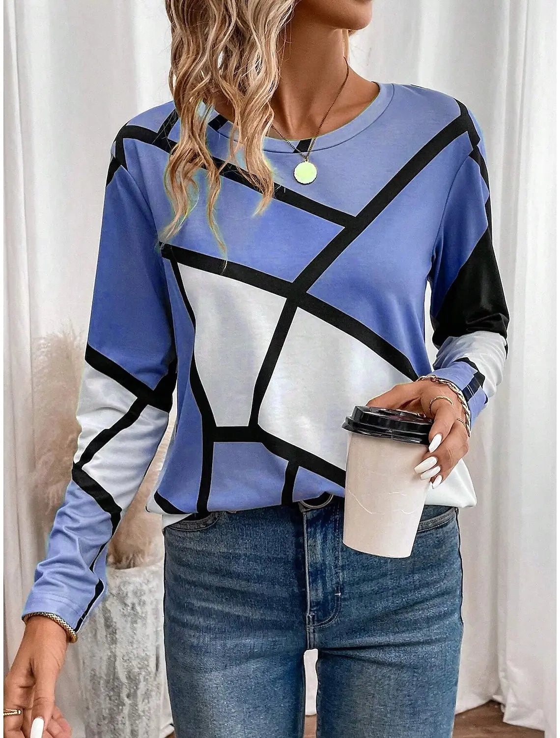 Gradient Stripe Printed Pullover Autumn and Winter Casual Long Sleeve Round Neck Sweatshirt Plaid Pattern Women's Clothing