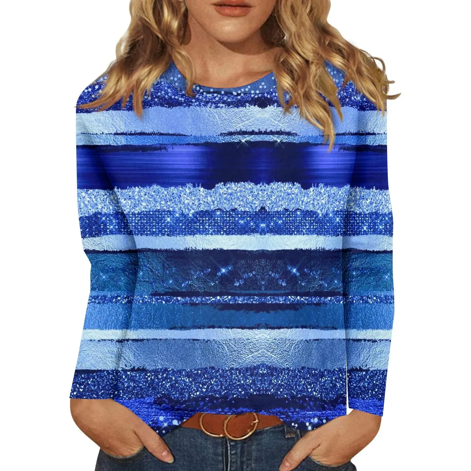 2025 New Women's Flower Fashion Print Long Sleeve T-shirt Sports Leisure Cute Polyester Ultra-thin Round Neck Long Sleeve
