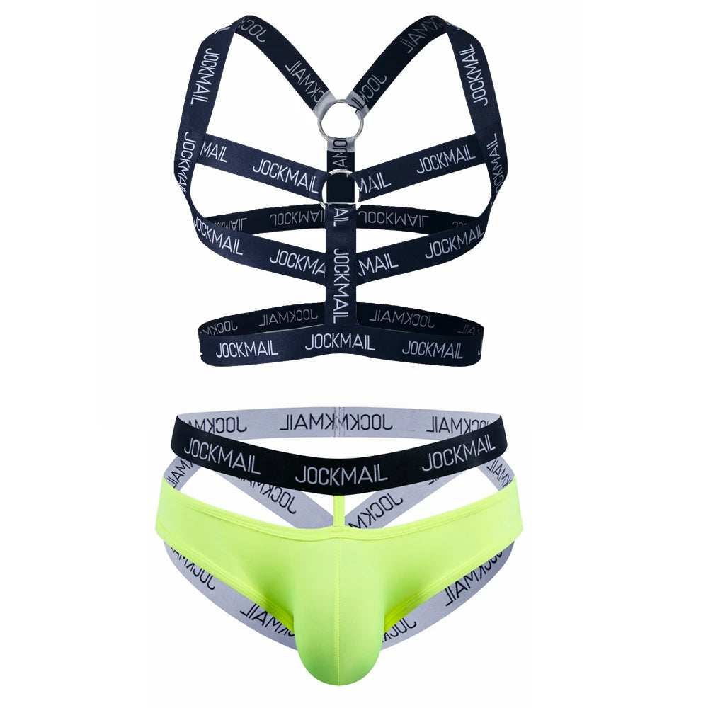 Sexy Gay Men Underwear Bondage Mens Harness Thongs Set Body Chest Costume G-string Jockstrap Lingerie Man Halter Neck Hollow Out