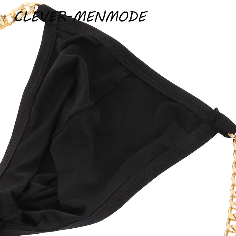 Men's Sexy Ultra Thin Low Rise High Slit Thong Metal Chain Low Rise G String Briefs Exotic Mini Micro Panties 18+ Adult Lingerie