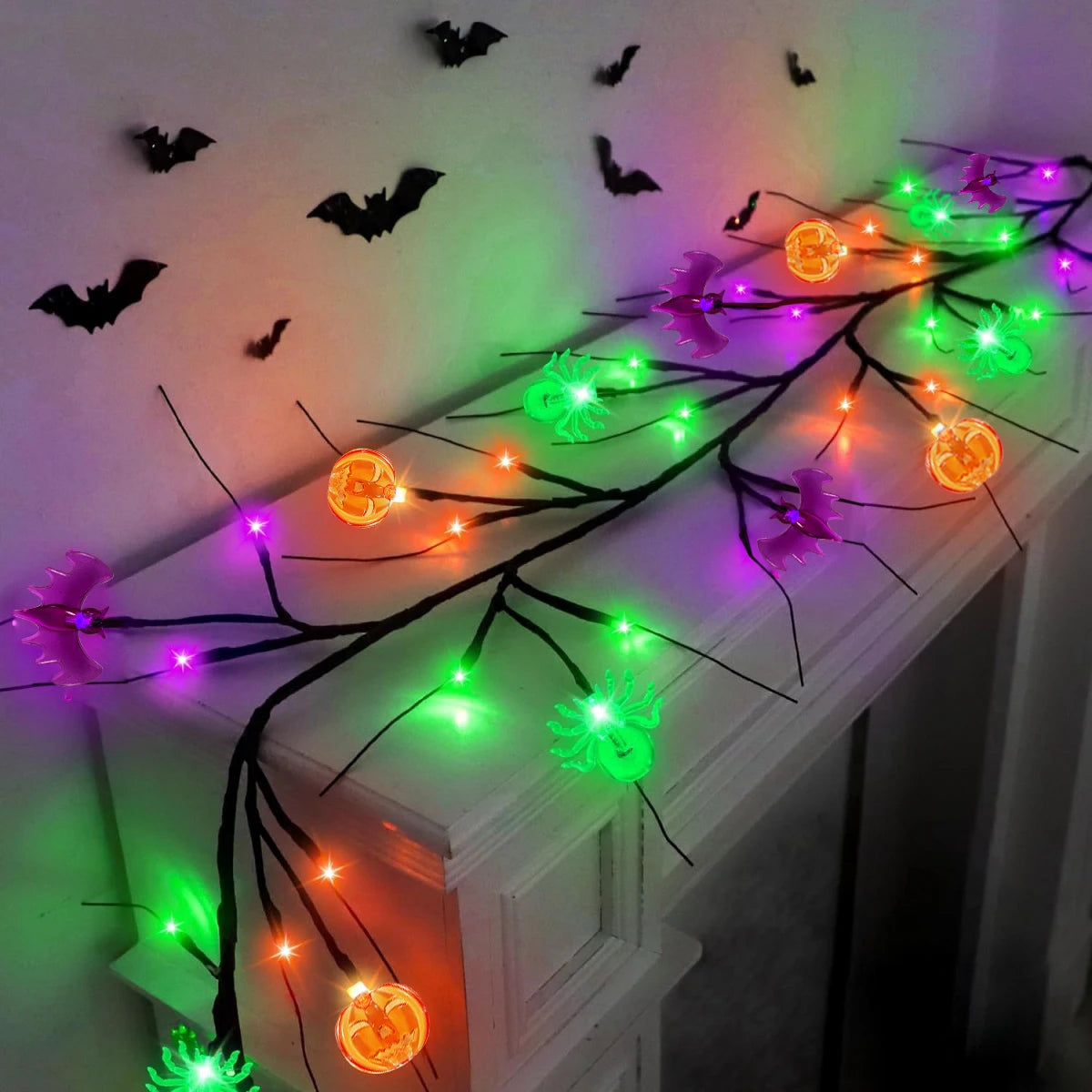 1PC 54 LED Halloween Decorative Black Willow Vine Lights With Orange Pumpkin Purple Bat Green Spider Waterproof 8 Light Modes