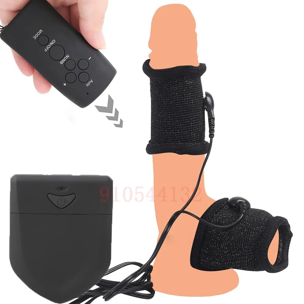 BDSM Electro Shock Conductive Fiber Penis Sleeve E-stim Scrotum Rings Electric Play Cock Therapy Enlargement Male Sex Products