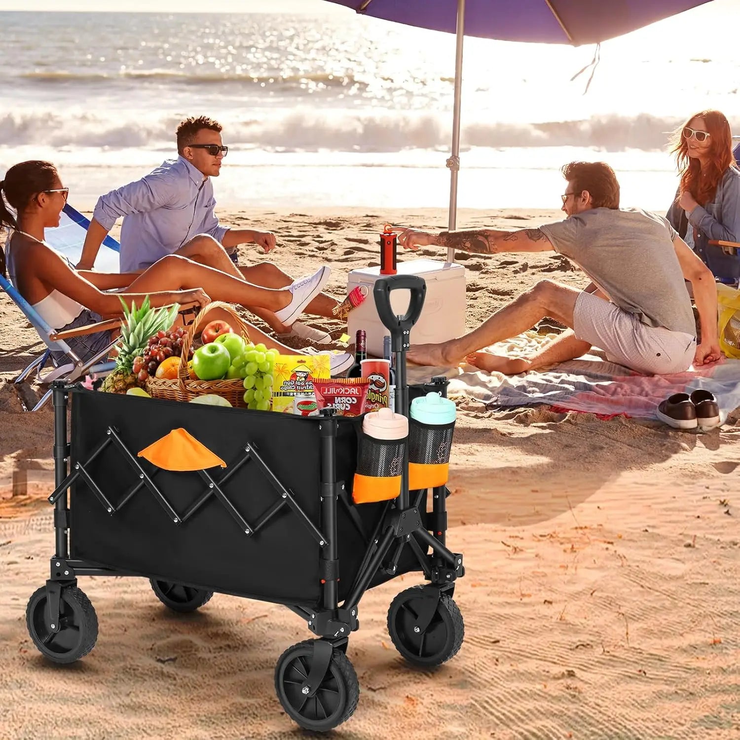 Collapsible Wagon Grocery Wagons Carts Foldable Utility Wagon with All Terrain Wheels Cup Holders Pockets for Grocery Shopping S