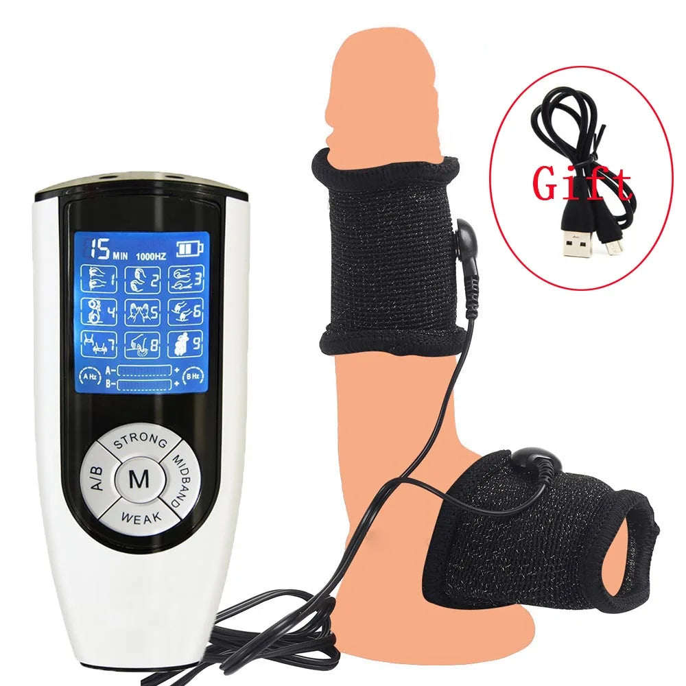 BDSM Electro Shock Conductive Fiber Penis Sleeve E-stim Scrotum Rings Electric Play Cock Therapy Enlargement Male Sex Products