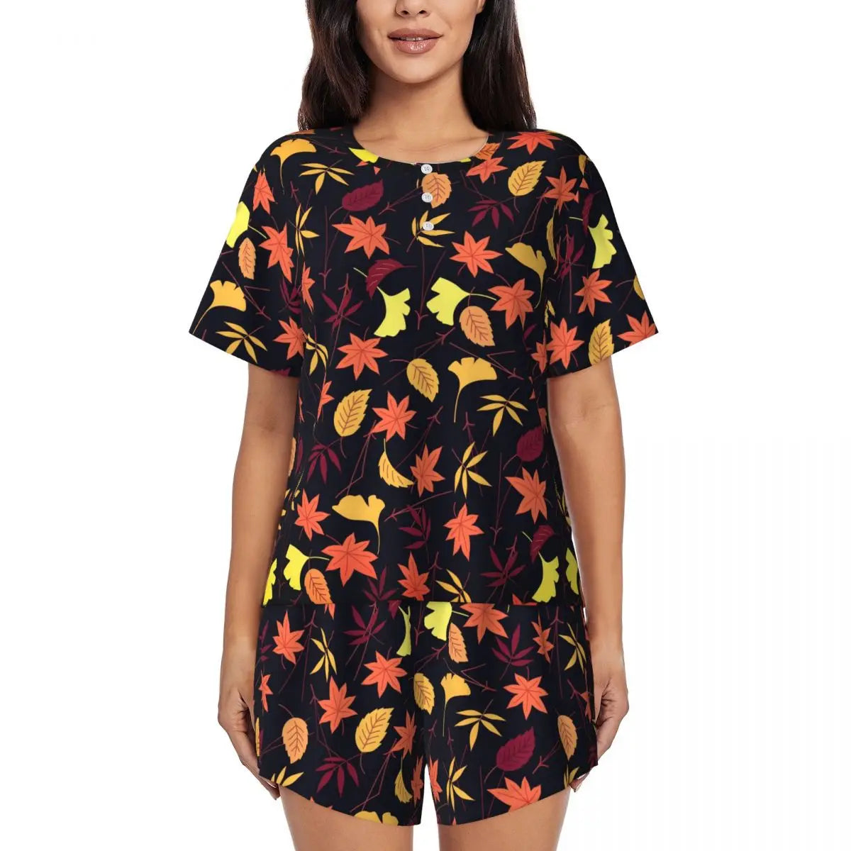 Green Leaf Print Pajamas Short Sleeve Lush Foliage 2 Pieces Leisure Pajama Sets Daily Woman O Neck Vintage Nightwear