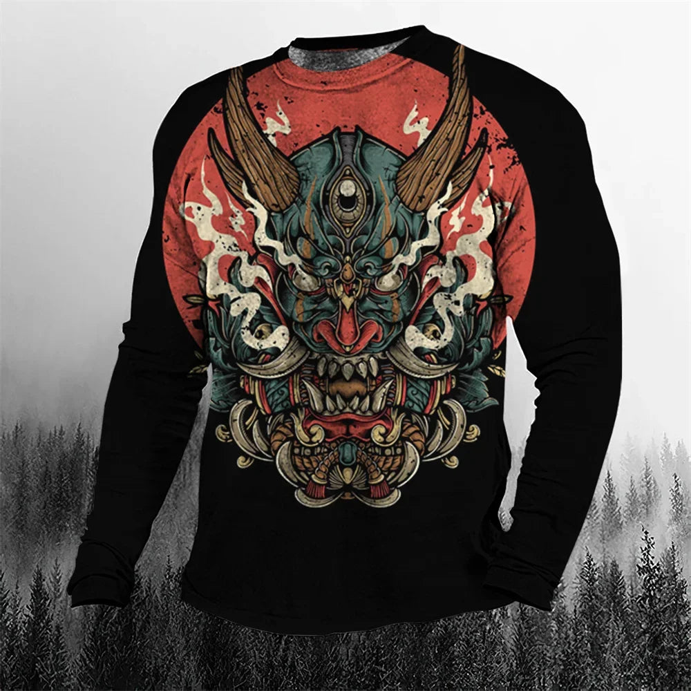 2024 Fall Cool Vintage Samurai 3D Printed Men's T-shirt O-Neck Casual Men's Clothing Oversized Cartoon Long Sleeve Tops
