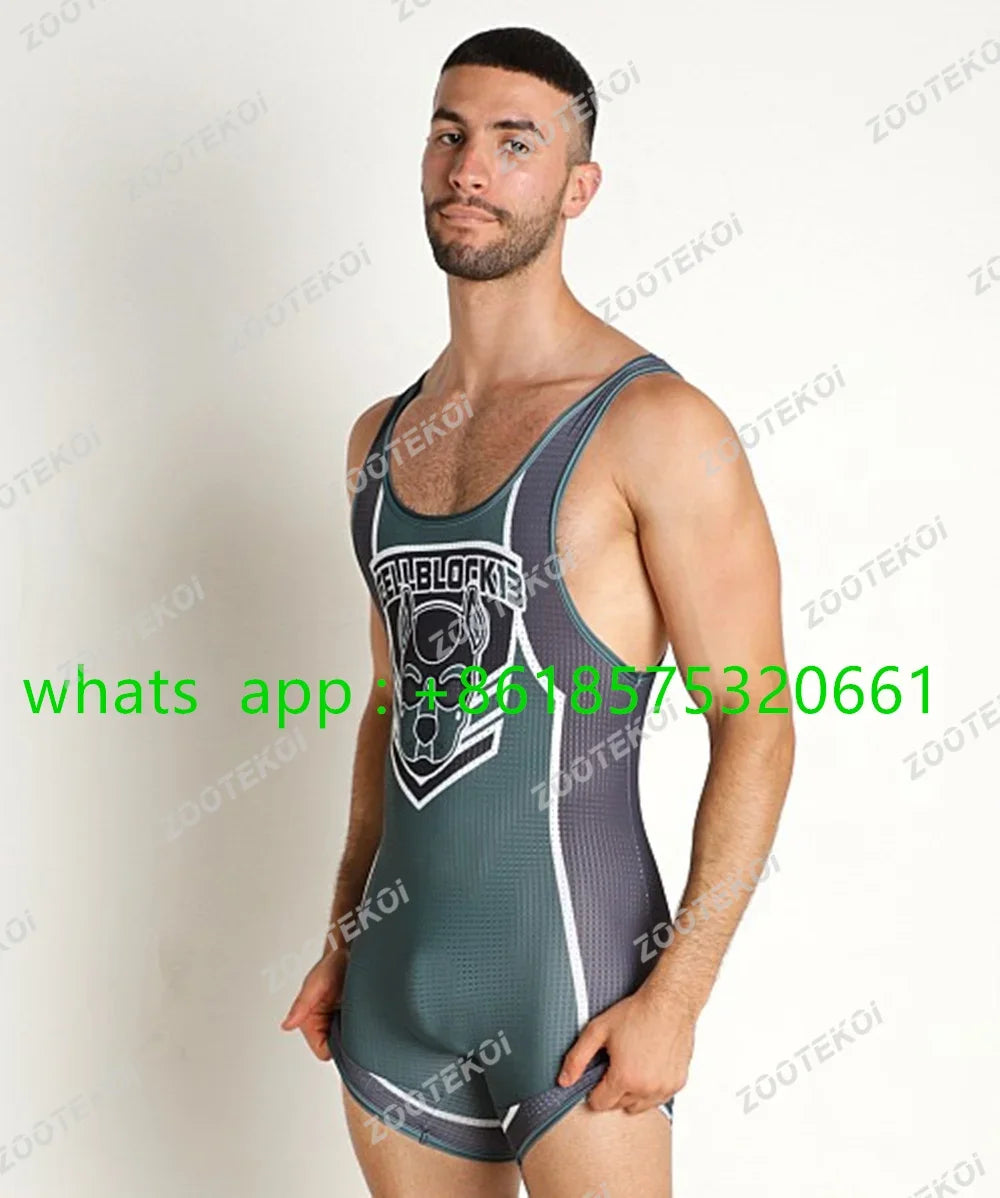 Men One-piece Jumpsuit Athletic Speedsuit Elasticity Sleeveless Wrestling Vest Tights Strength Weightlifting Competition Clothes
