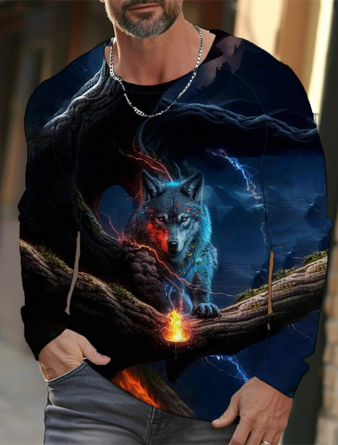 2024 Men's Summer Long Sleeve 3d Printed Wolf Print T-Shirt Tops Men Streetwear Clothing Round Neck Graphic Long Sleeve T-Shirt