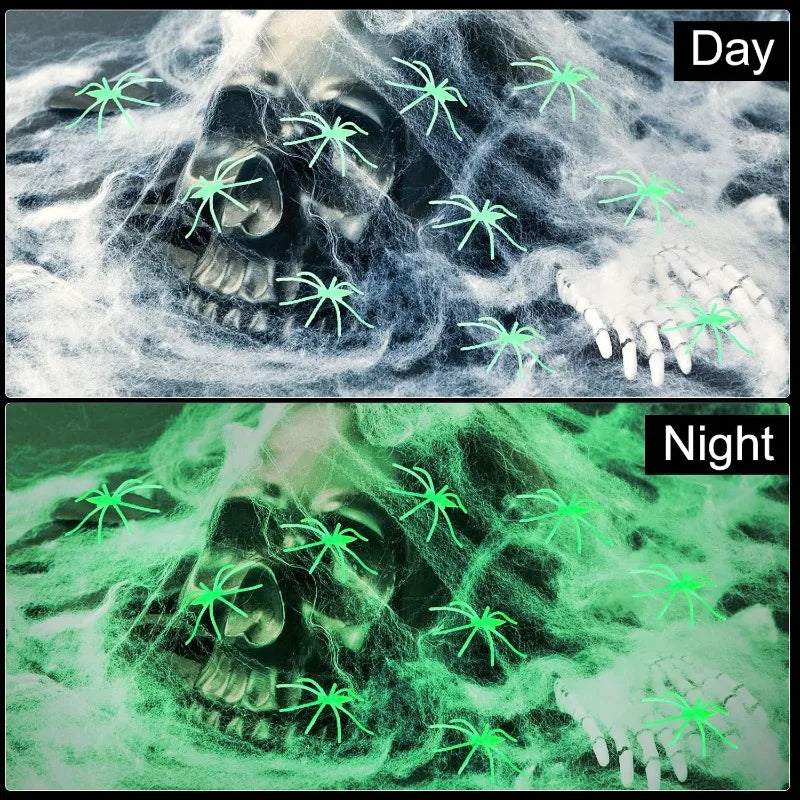 Luminous Fake Cobwebs with Spiders Halloween Glow in The Dark Spider Web Stretchy Spooky Webbing Cosplay Party Home Decor Props