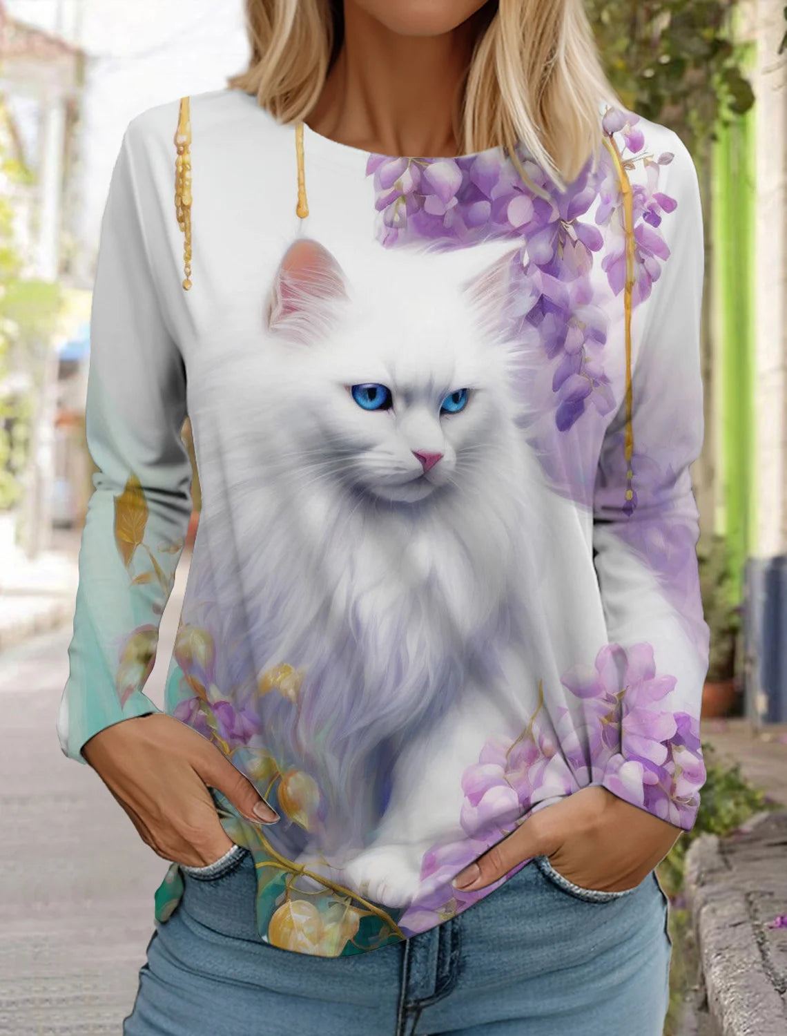2024 Autumn and Winter Women's Long Sleeve 3D Printed Kitten Cute Print T-Shirt Women's Streetwear Round Neck Long Sleeve