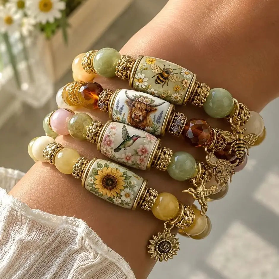 BEE HAPPY Healing Daisy Beaded Bracelet for Women Yellow Green Charm Elastic Wrist Jewelry Nature Inspired Sweet Gift for Her