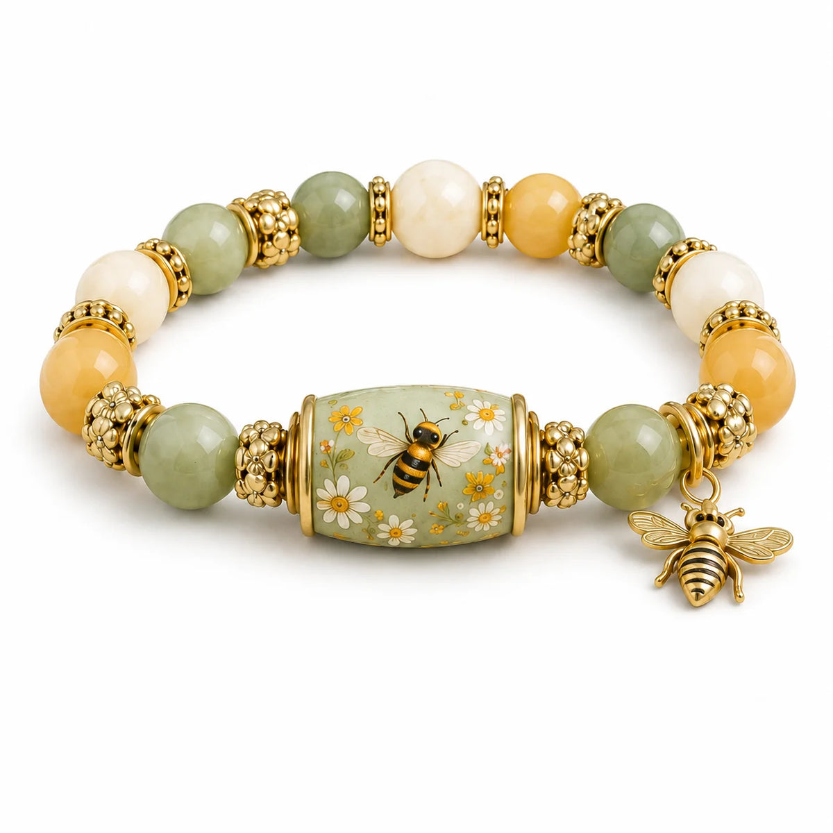 BEE HAPPY Healing Daisy Beaded Bracelet for Women Yellow Green Charm Elastic Wrist Jewelry Nature Inspired Sweet Gift for Her