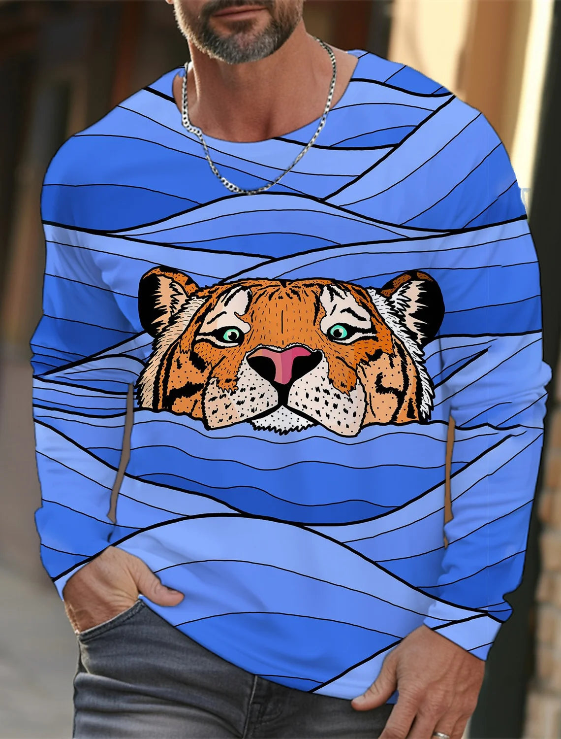 Men's long-sleeved T-shirt 3D printing HD leopard print men's long-sleeved T-shirt autumn tops casual round neck home clothes