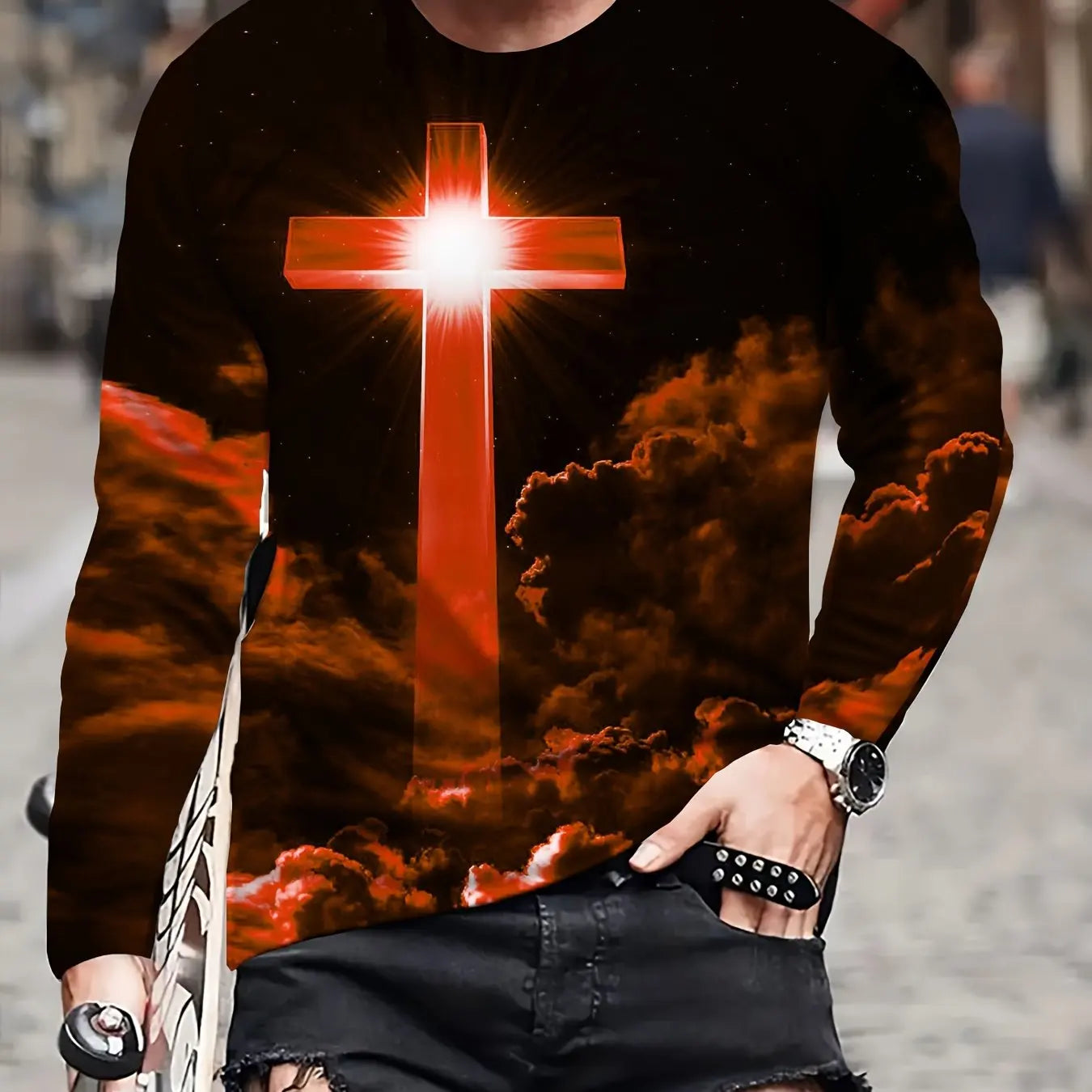 2024 new men's long-sleeved t-shirt 3D printing high-definition cross printing men's autumn tops casual round neck street