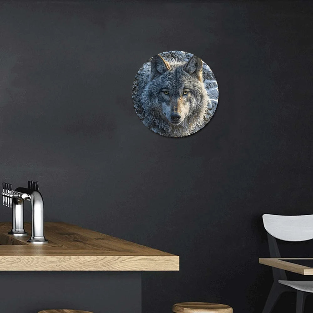 Faux Embossing Painted Round North American Gray Wolf