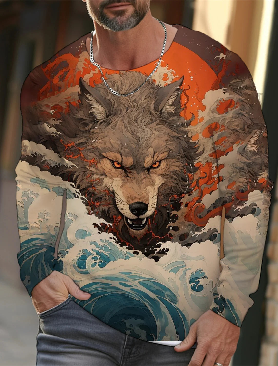 2024 new men's Ukiyoe long-sleeved T-shirt 3d printed high-definition wolf print men's autumn top casual round neck T-shirt