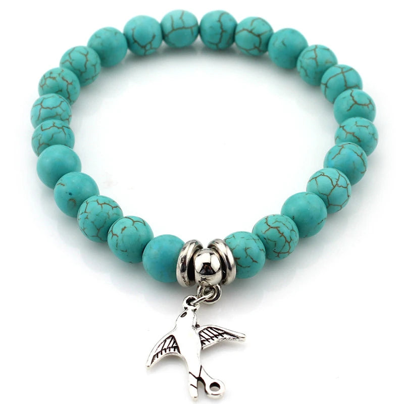 FTCY Women Bohemian Beaded Bracelet Fashion Turquoise Natural Stone Anti-Stress Yoga Geometric Pendant Elastic Cord Hand Chains