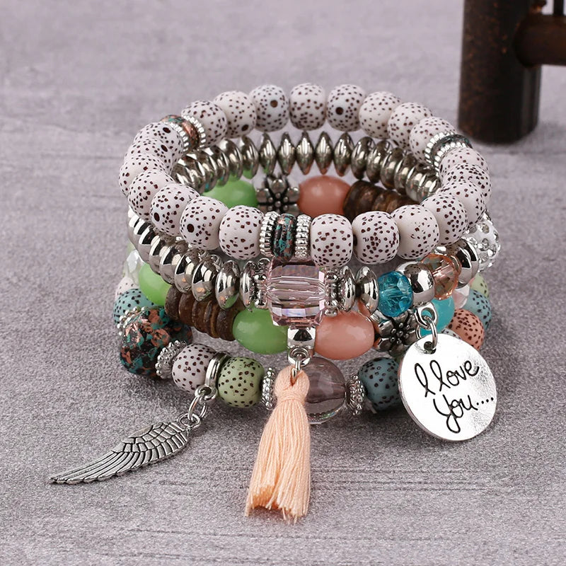 4Pcs Bohemian Women Pink Tassel Bracelet Set For Female I Love You Feather Round Charm Beads Chain Bangle Fashion Party Jewelry