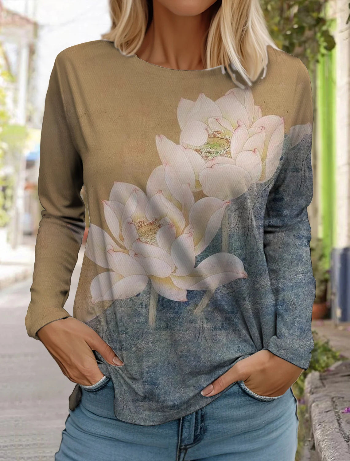 2024 women's fashion retro tops long sleeve round neck pullover casual long sleeve t-shirt new 3d printed lotus print t-shirt