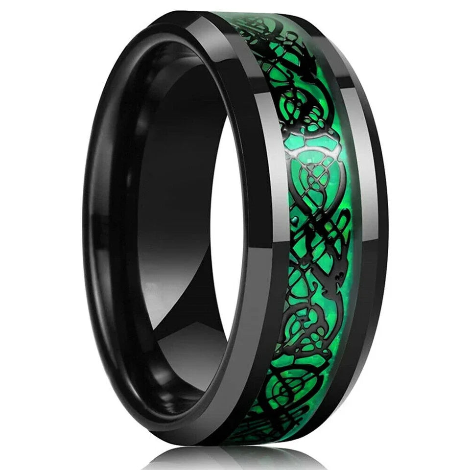 21 Colors 8mm Men's Stainless Steel Celtic Dragon Ring Inlay Red Green Black Carbon Fiber Ring Wedding Band Jewelry Size 6-13