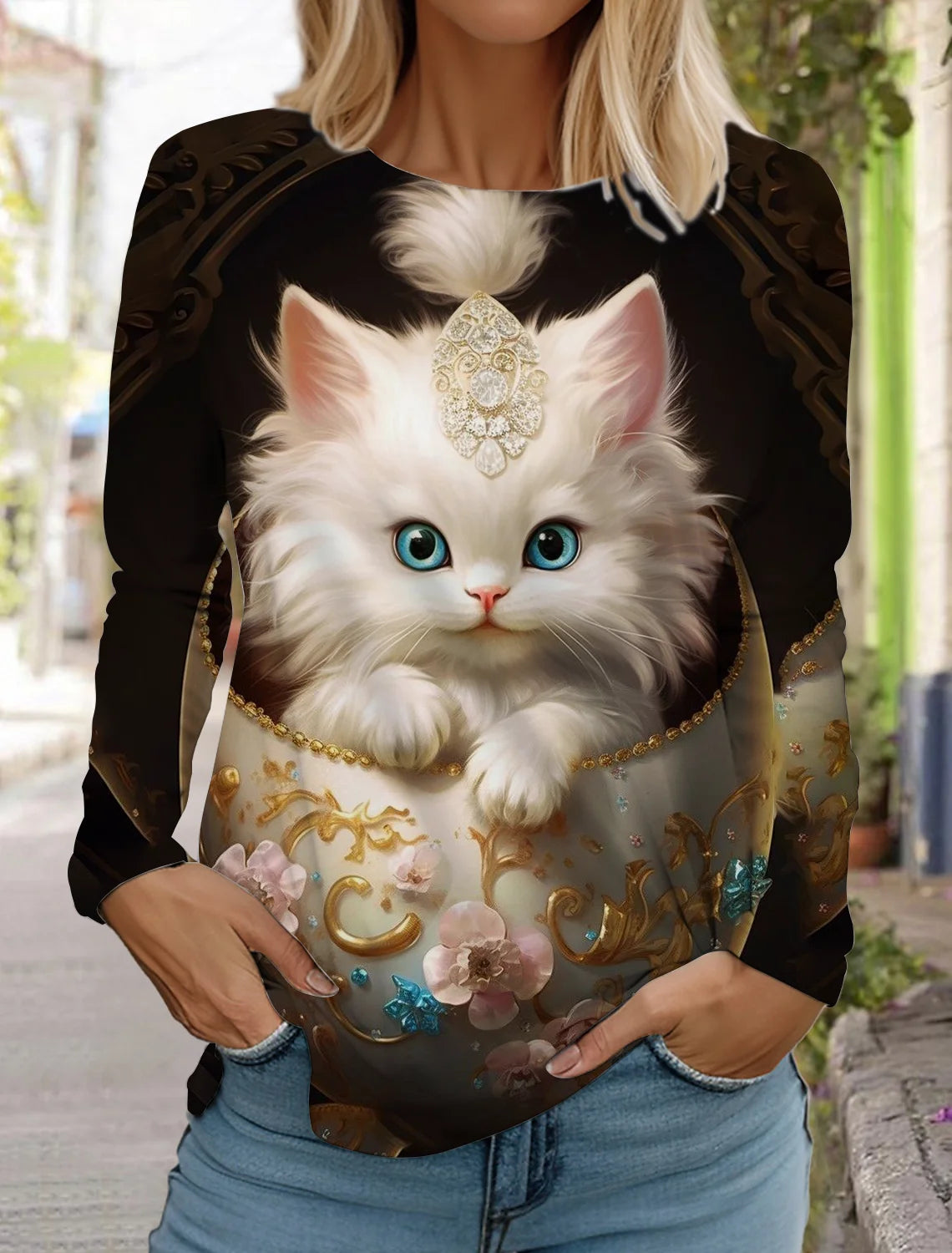 2024 Autumn and Winter Women's Long Sleeve 3D Printed Kitten Cute Print T-Shirt Women's Streetwear Round Neck Long Sleeve