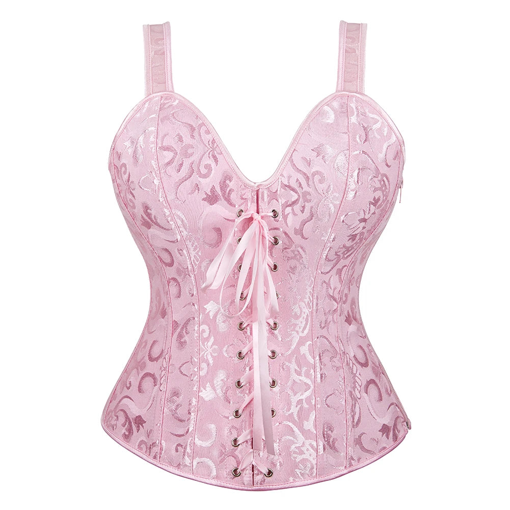 Steampunk Straps Overbust Corset With Cup Zipper Sexy Jacquard Floral Corset Waist Cincher Bustier Lingerie Top Plus Size