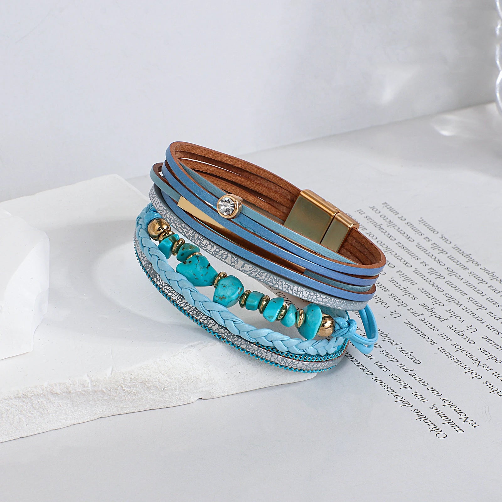 ALLYES Vintage Natural Stone Leather Bracelet for Women Men Boho Handmade Braided Crystal Multilayer Wrap Bracelet Charm Jewelry