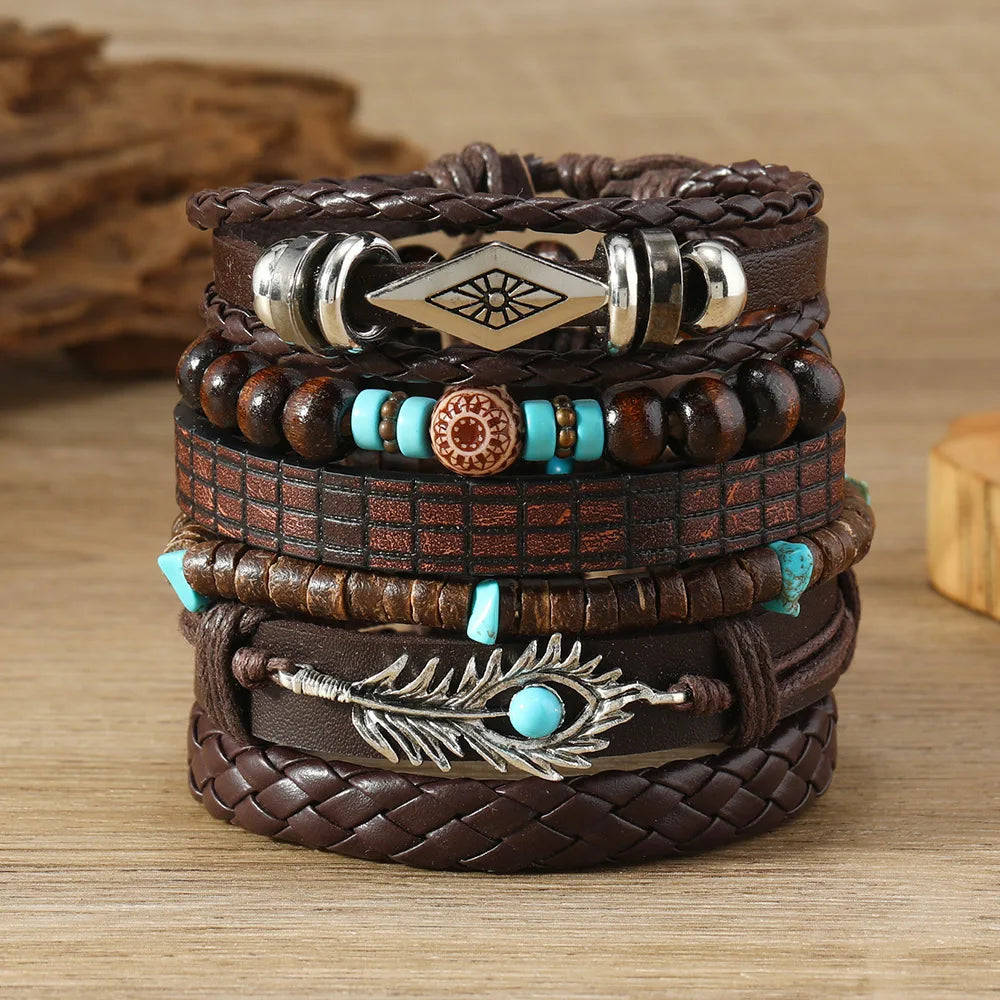 Bohemian Turquoise Wood Beaded Beaded Bracelet Leaf Flower Feather Multi-layer Men's Woven Leather Bracelet