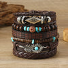 Bohemian Turquoise Wood Beaded Beaded Bracelet Leaf Flower Feather Multi-layer Men's Woven Leather Bracelet